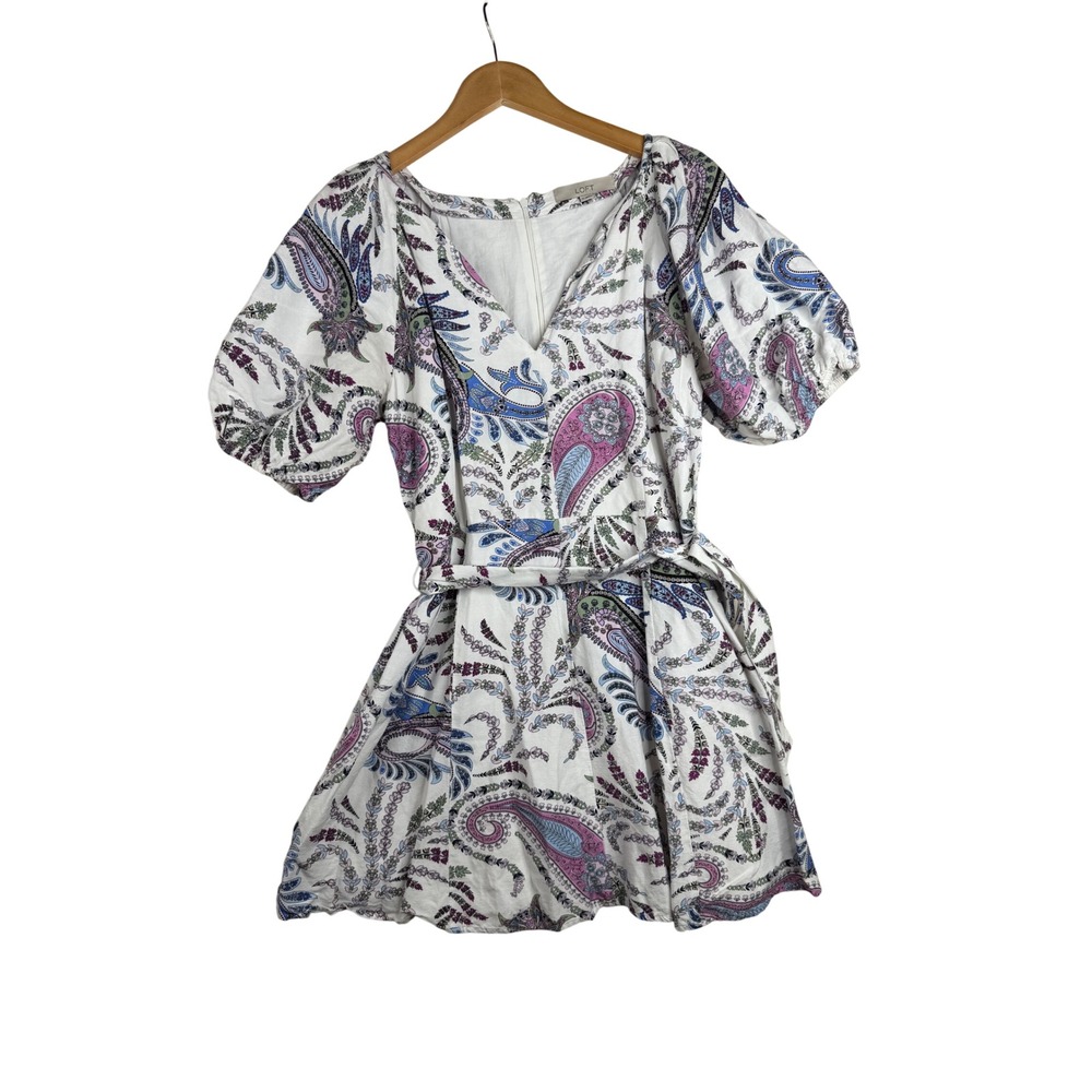 Loft Paisley Floral Print Linen Blend Belted Puff Sleeve Dress size 8 White/Purp
